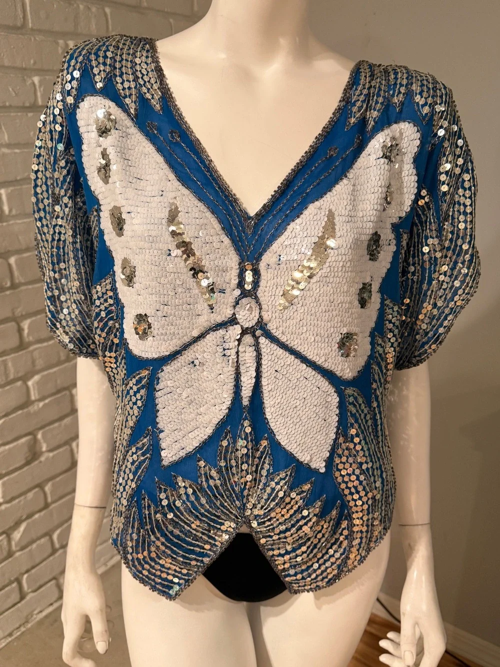 Vintage India Butterfly Sequin Beaded Silk Top Blue Silver Art Deco Oversized